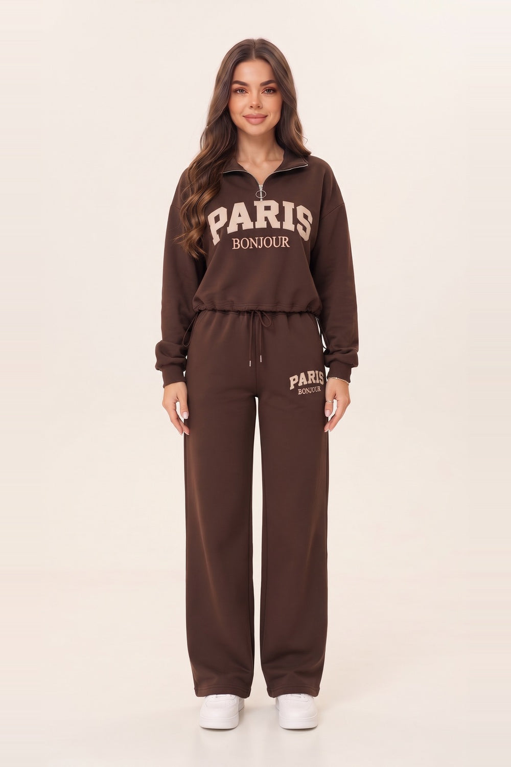 Women's brown half zip sweatshirt and wide leg sweatpants set – PARIS letter print, drawstring waist, on model | Topline Lebanon
