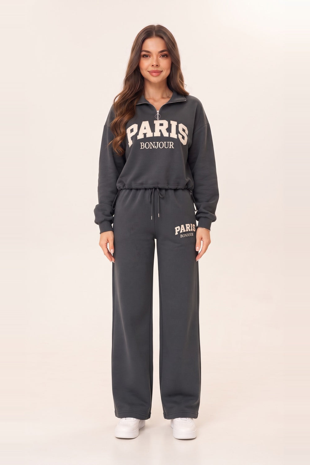 Women's charcoal half zip sweatshirt and wide leg sweatpants set – PARIS letter print, drawstring waist, on model | Topline Lebanon
