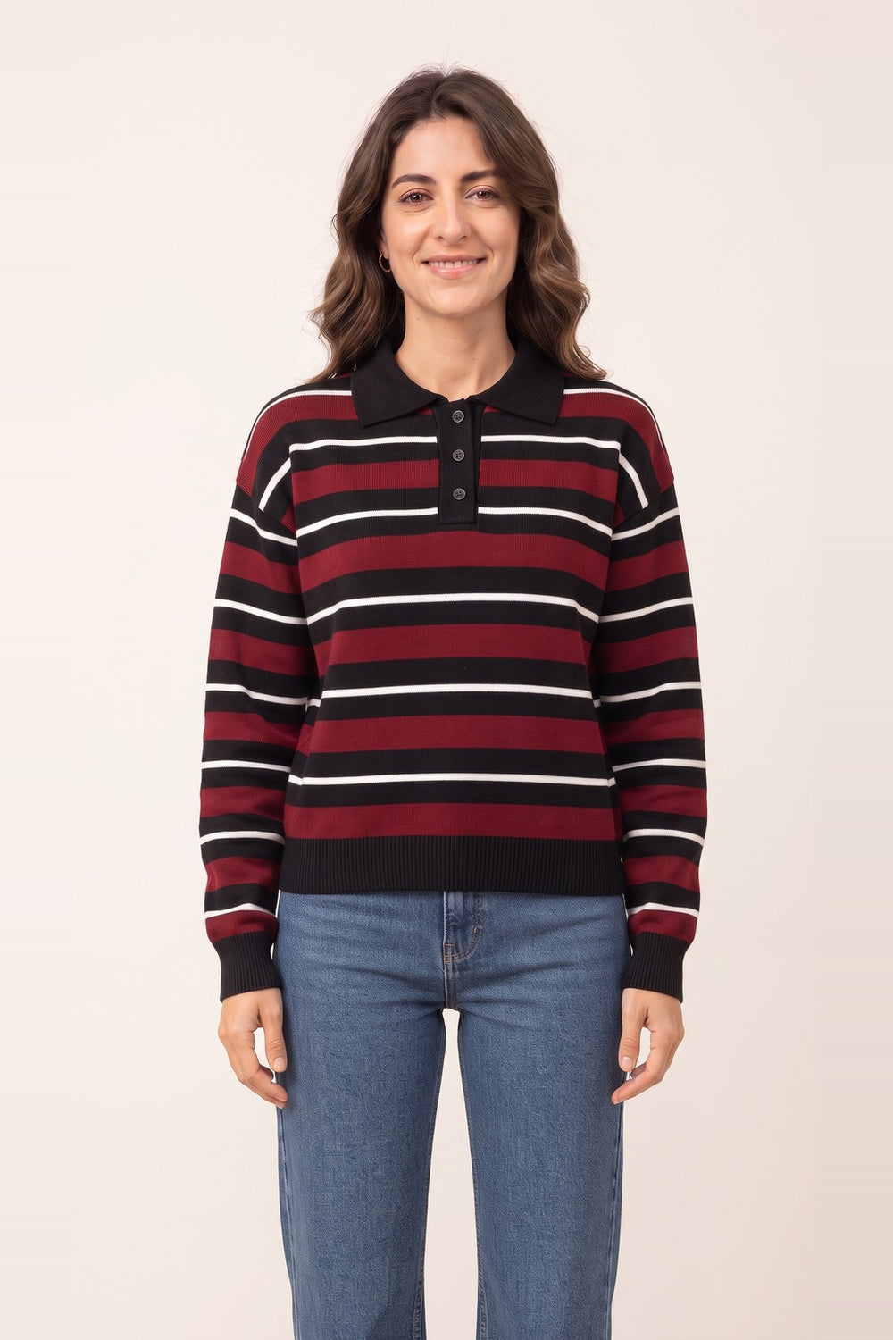 Women's burgundy-black striped polo collar sweater – pinstripe knit with button placket, on model | Topline Lebanon