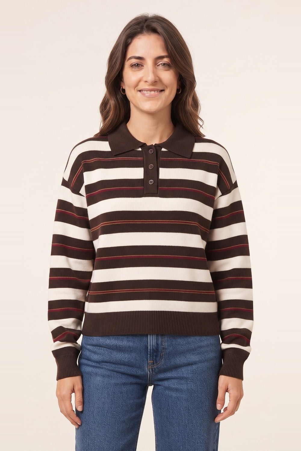 Women's chocolate striped polo collar sweater – pinstripe knit with button placket, on model | Topline Lebanon