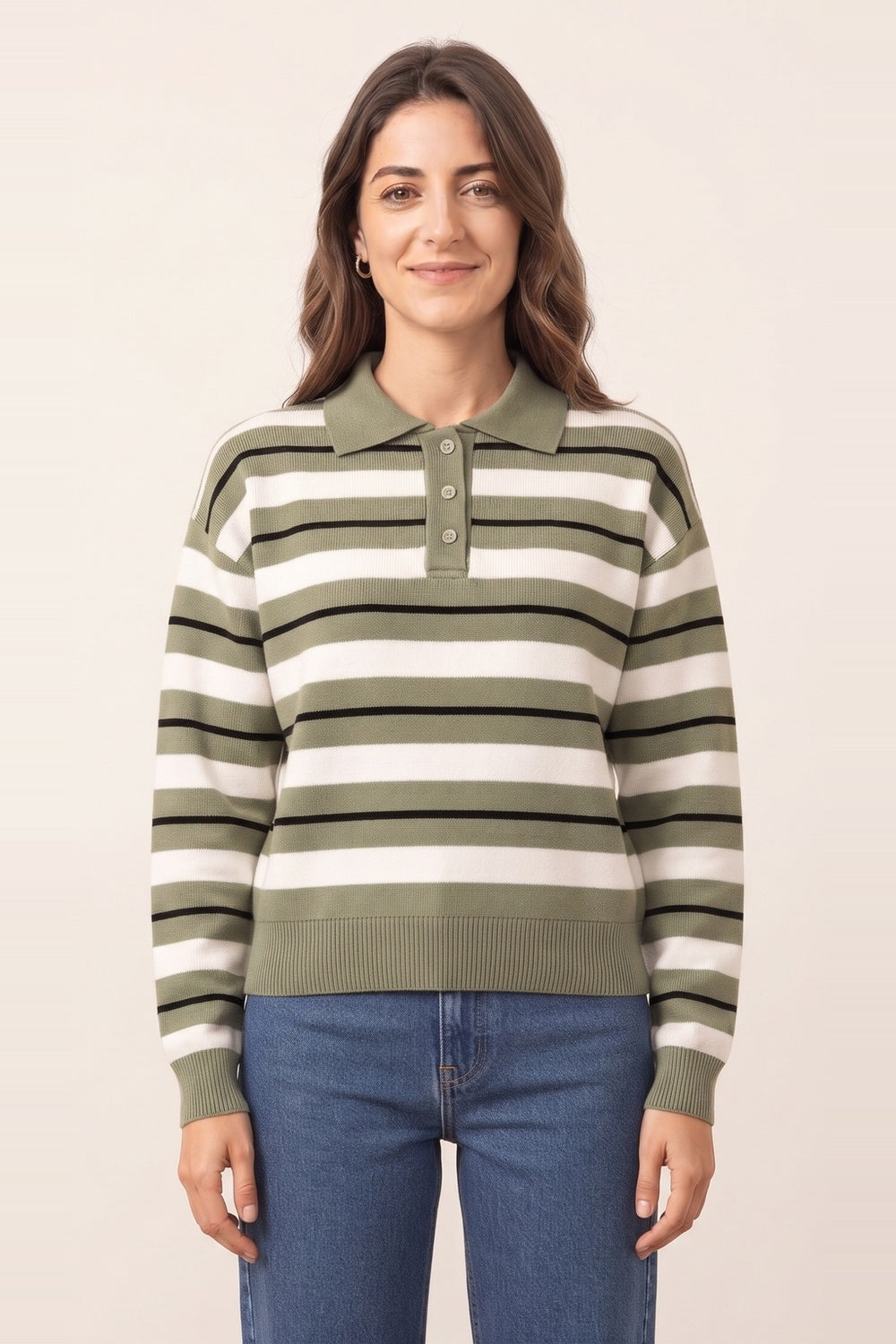 Women's sage striped polo collar sweater – pinstripe knit with button placket, on model | Topline Lebanon