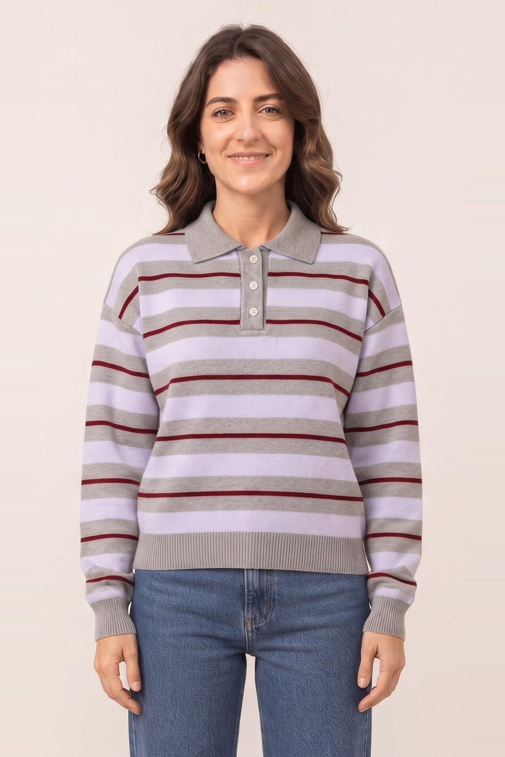 Women's lilac-grey striped polo collar sweater – pinstripe knit with button placket, on model | Topline Lebanon