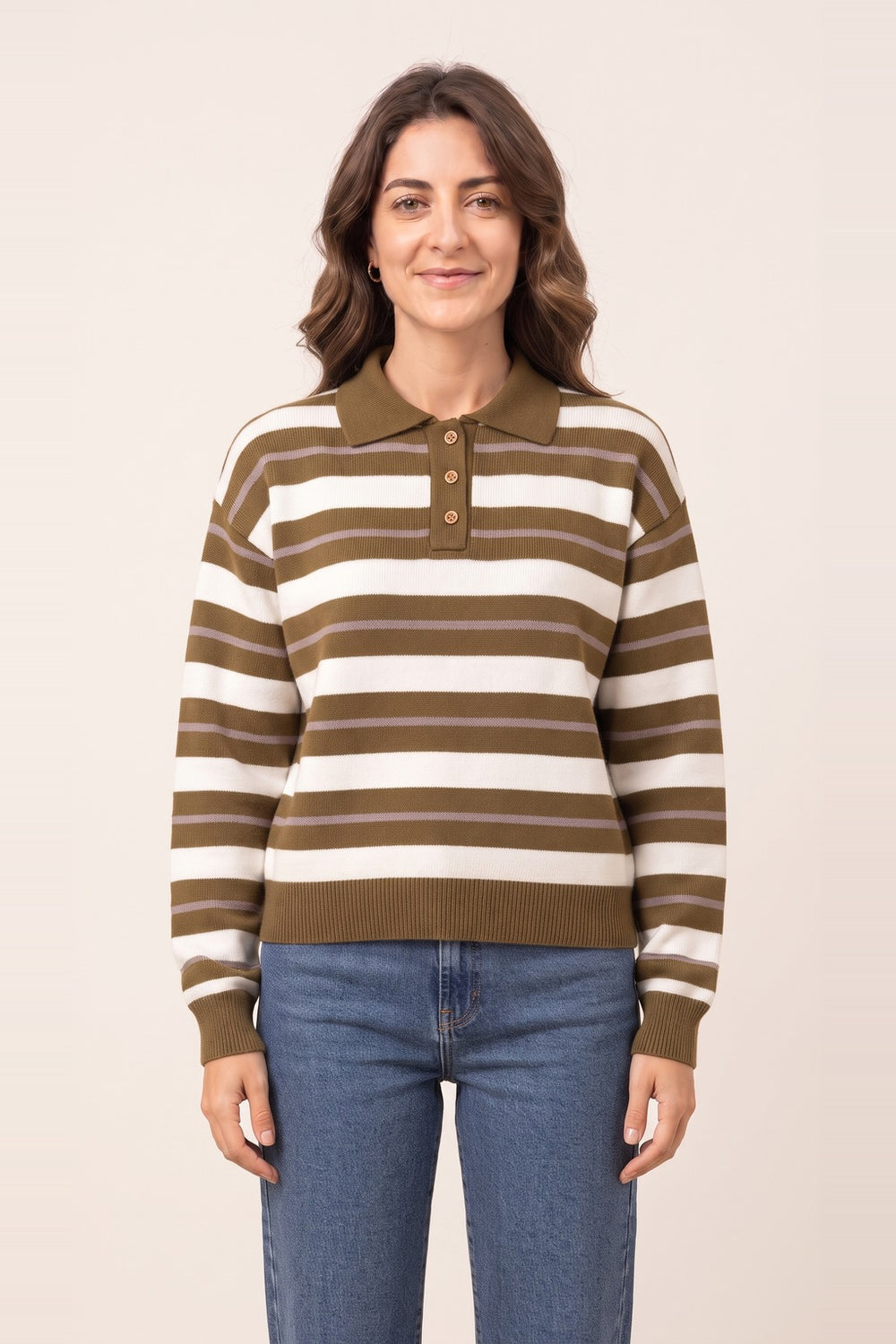 Women's olive striped polo collar sweater – pinstripe knit with button placket, on model | Topline Lebanon