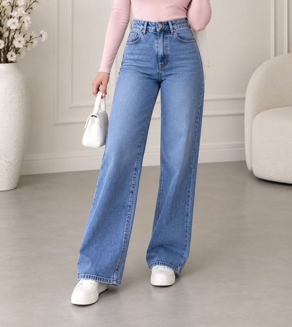 Women's high-waist wide-leg jeans in light blue, front view
