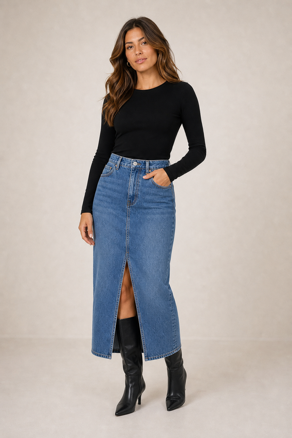 Front-Slit Denim Midi Skirt