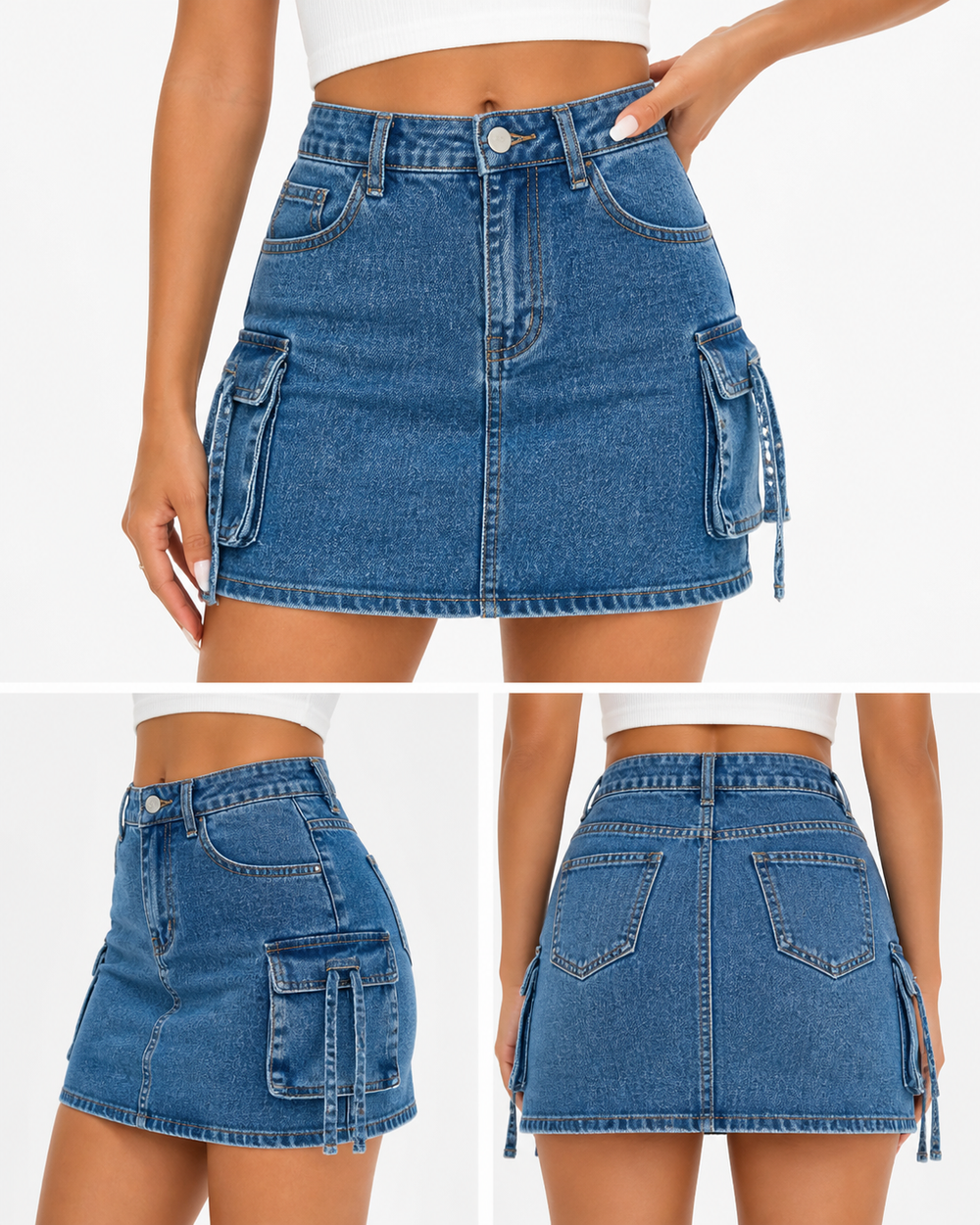 Blue denim cargo mini skirt back
