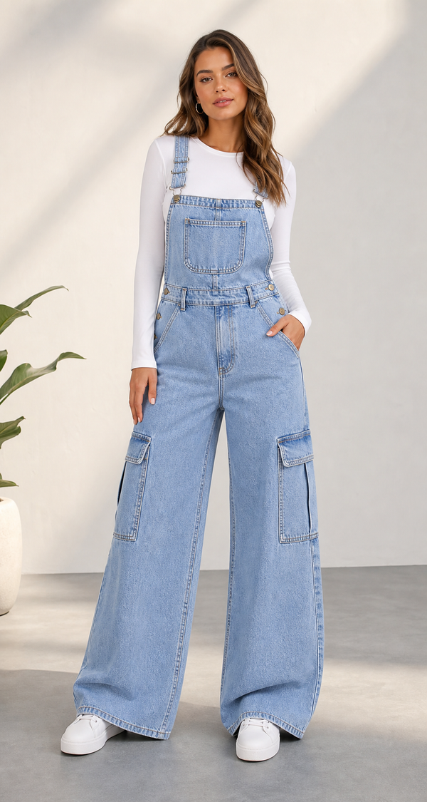 Light blue denim cargo wide-leg jumpsuit