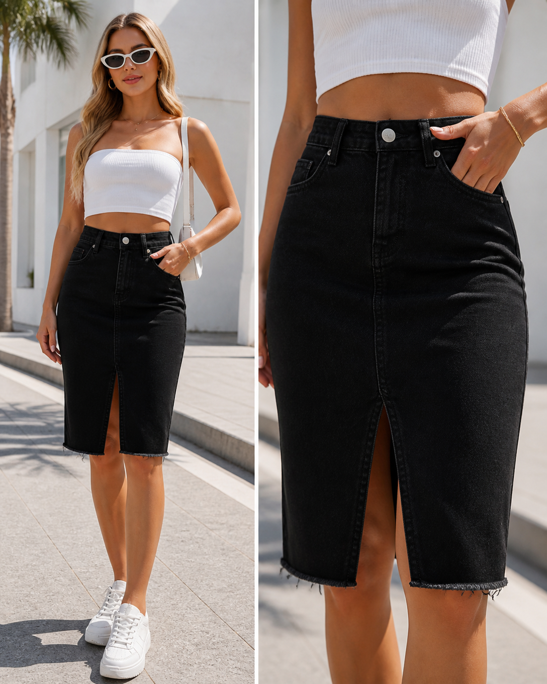 Black denim midi skirt