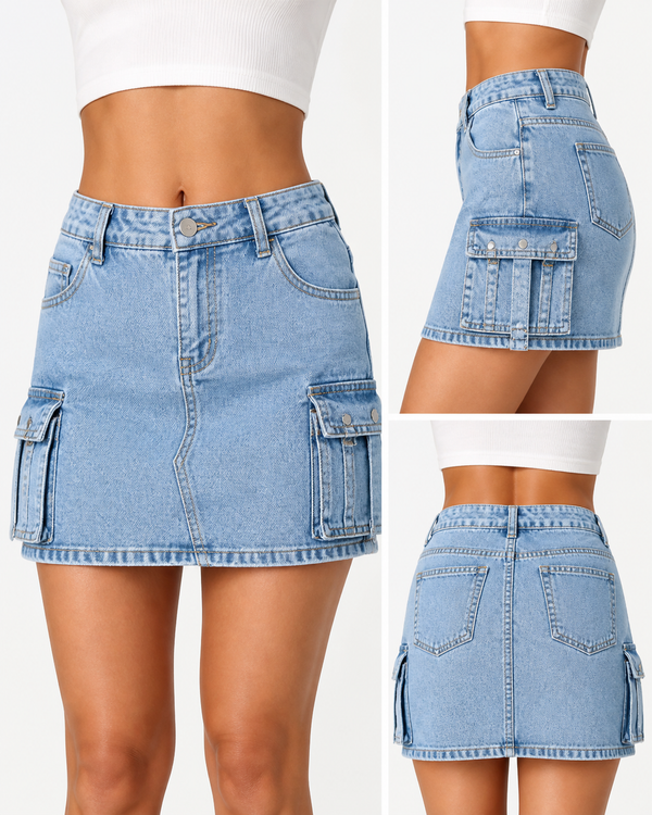 Blue denim cargo mini skirt