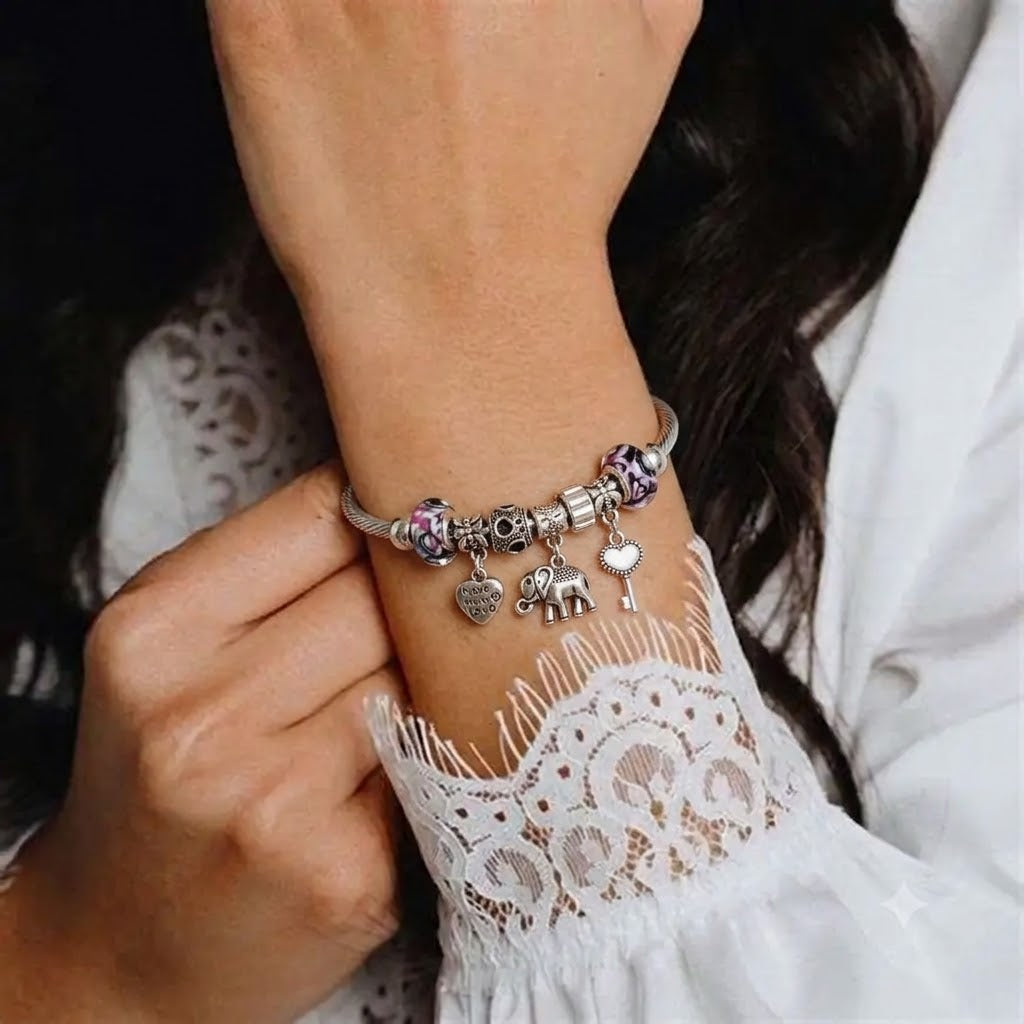 Purple Murano Charm Bangle Bracelet