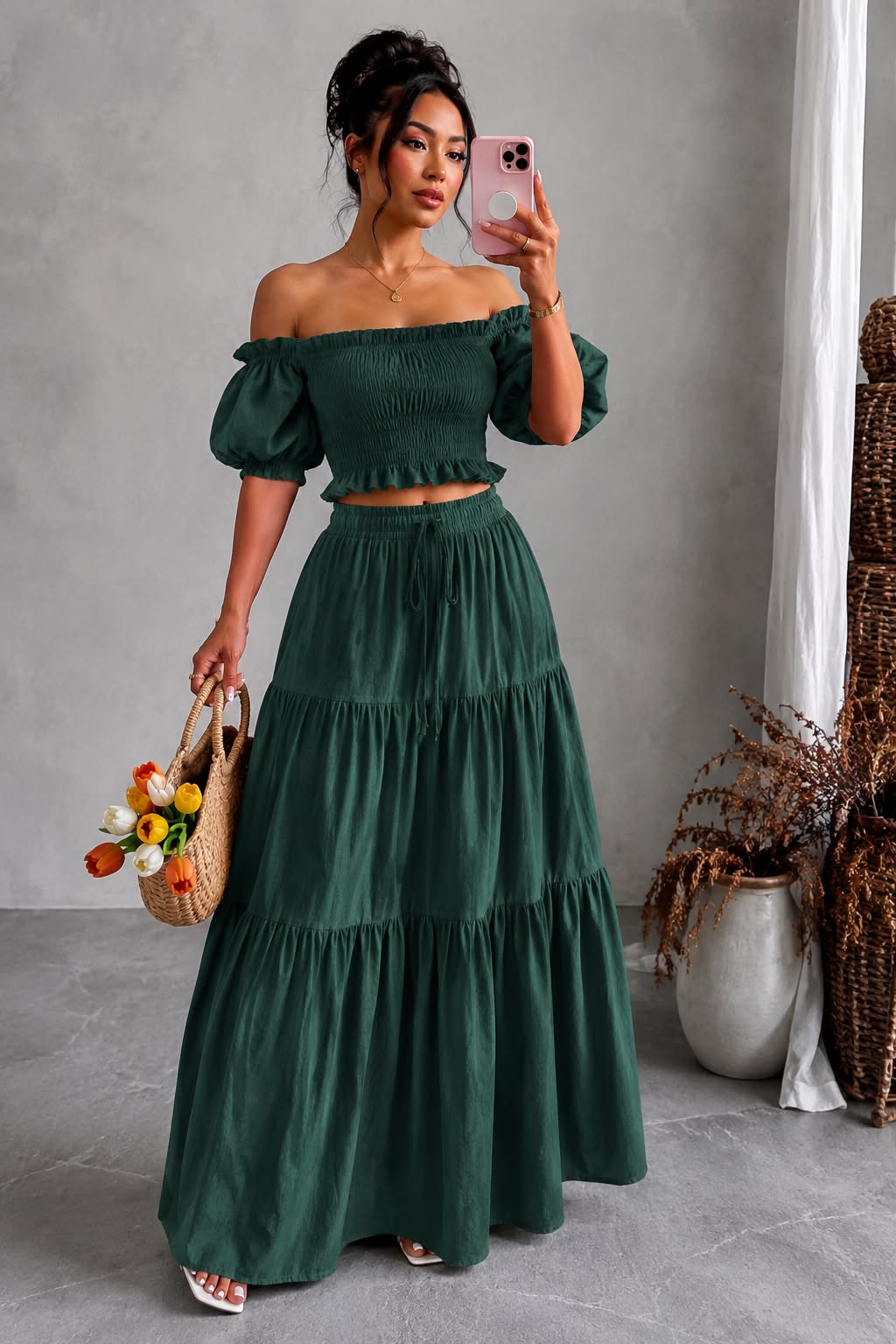 Off-Shoulder Shirred Maxi Two-Piece Set
