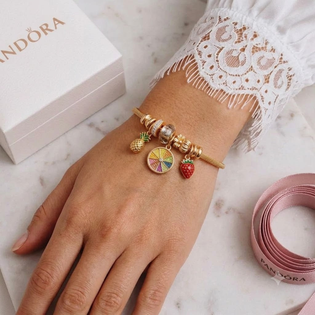 Gold Fruit Charm Bangle Bracelet