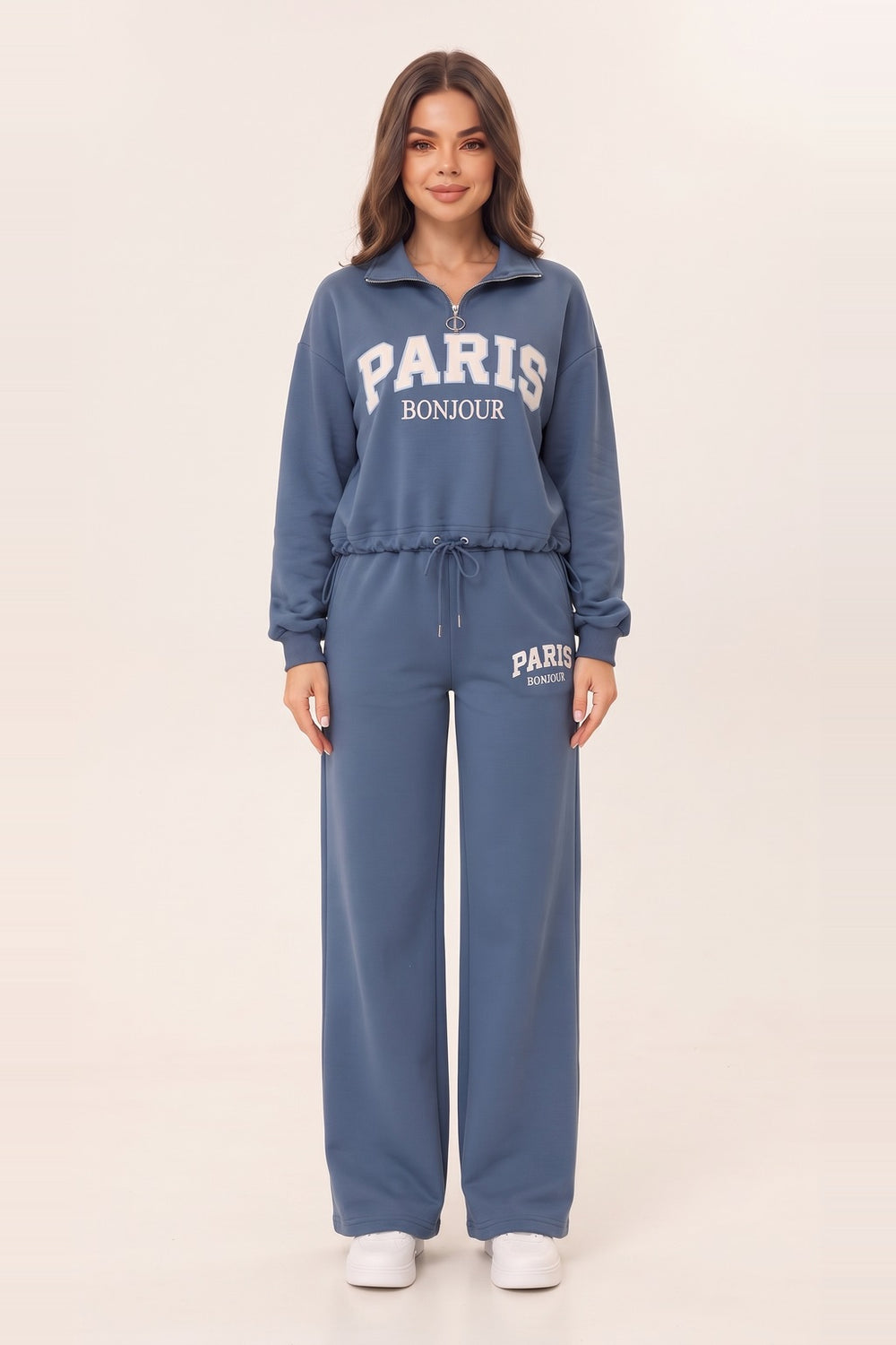 Women's denim blue half zip sweatshirt and wide leg sweatpants set – PARIS letter print, drawstring waist, on model | Topline Lebanon