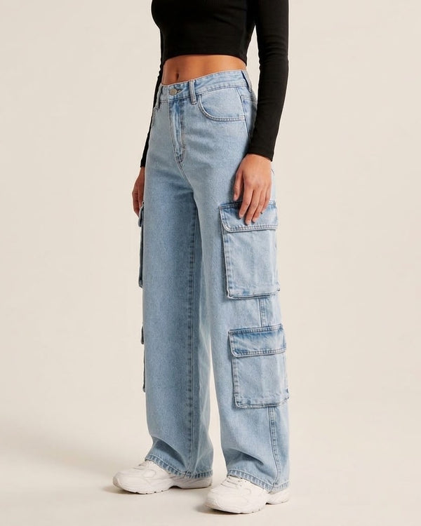 Women's light blue cargo baggy jeans on model