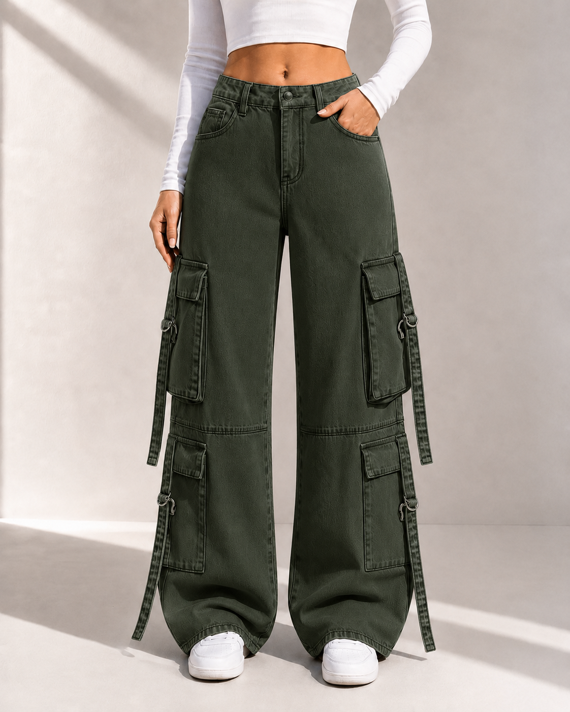 Trendy Cargo Jeans in Navy Green