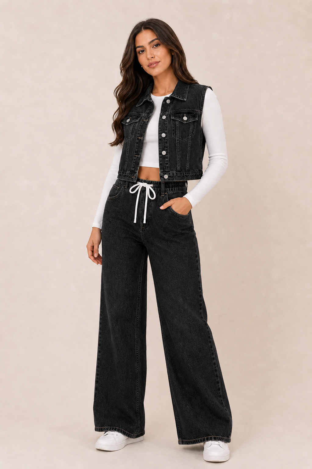 Denim Vest & Pants Set in Black