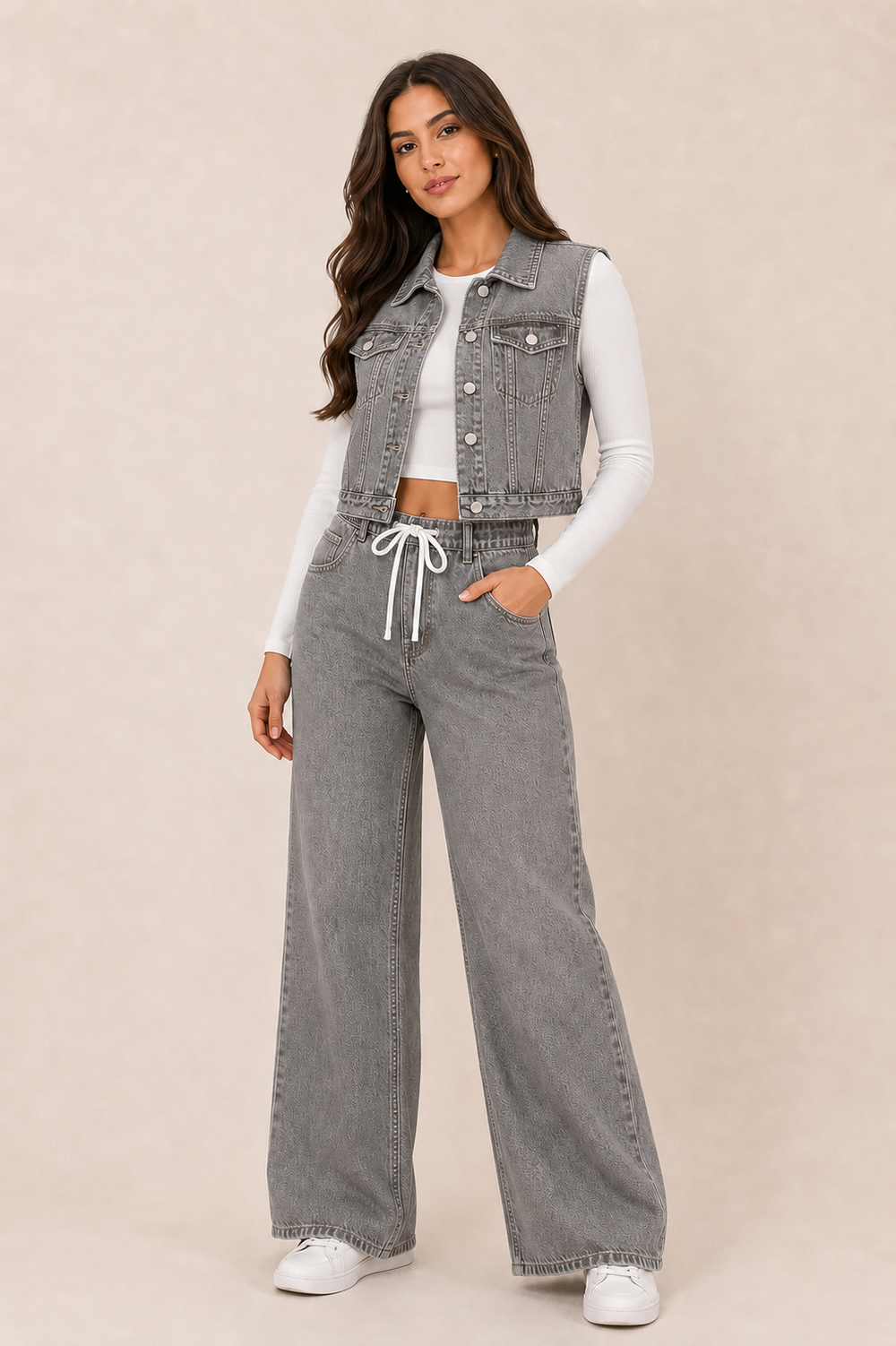 Denim Vest & Pants Set in Grey
