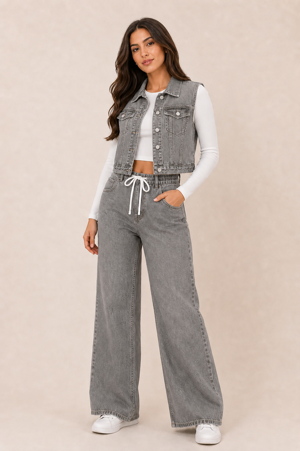Denim Vest & Pants Set in Grey