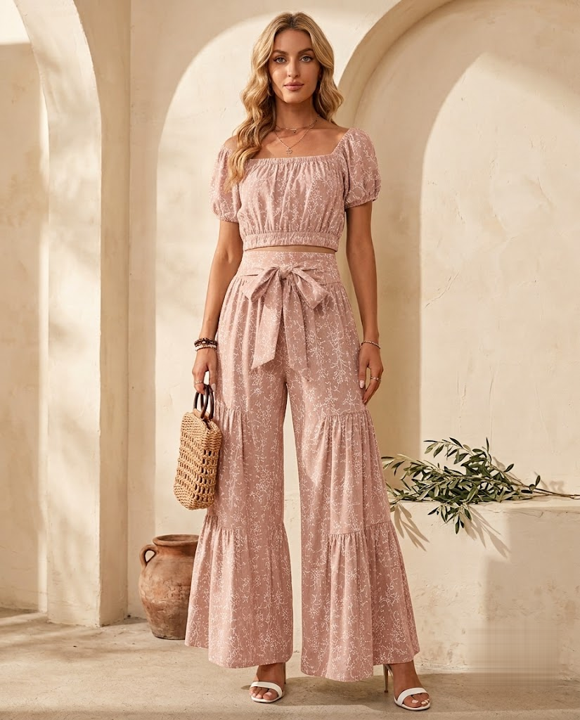 Blush pink off-shoulder floral crop top and wide-leg palazzo pants set