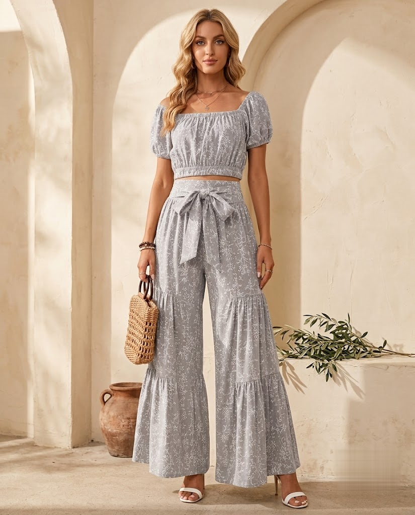 Grey off-shoulder floral crop top and wide-leg palazzo pants set