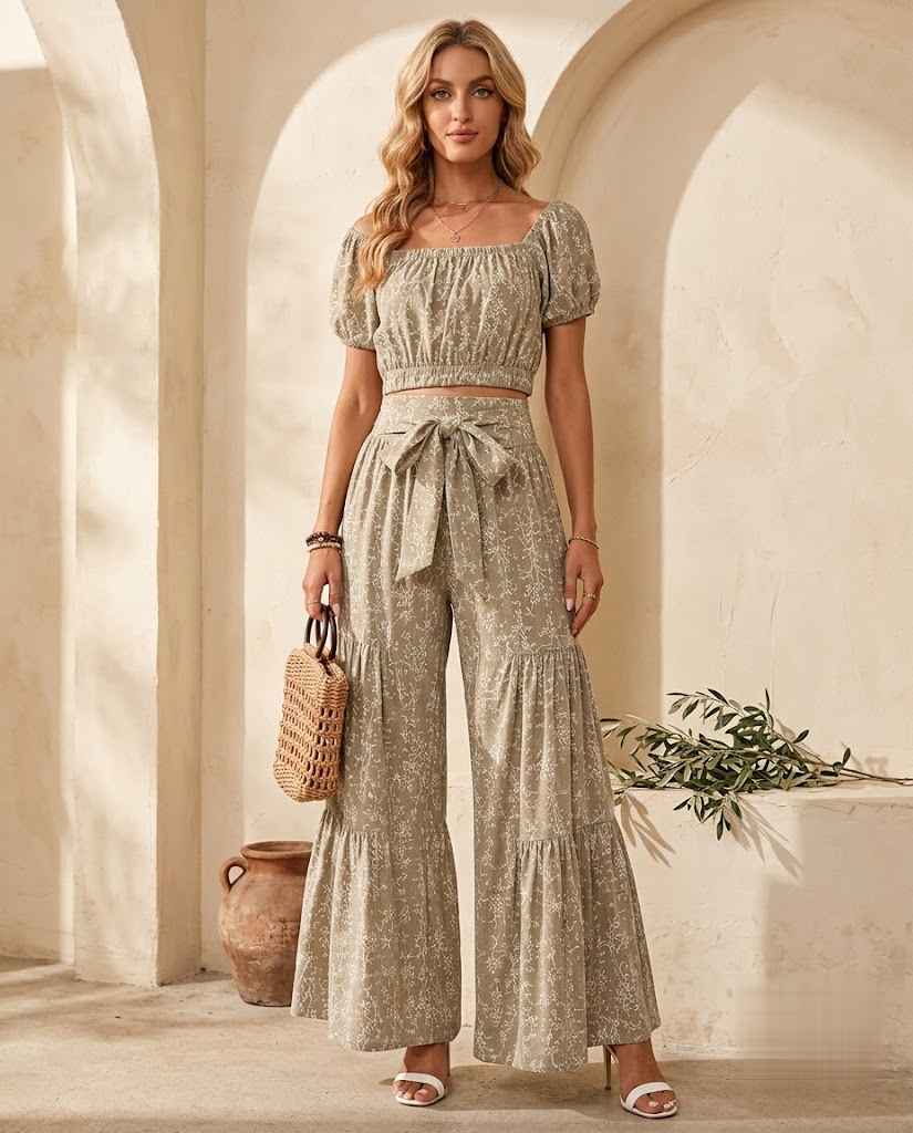 Khaki off-shoulder floral crop top and wide-leg palazzo pants set