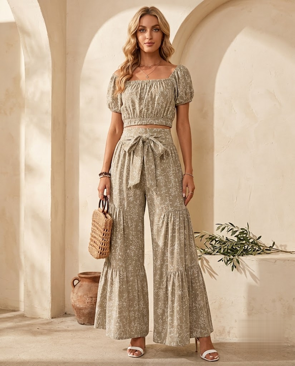 Khaki off-shoulder floral crop top and wide-leg palazzo pants set