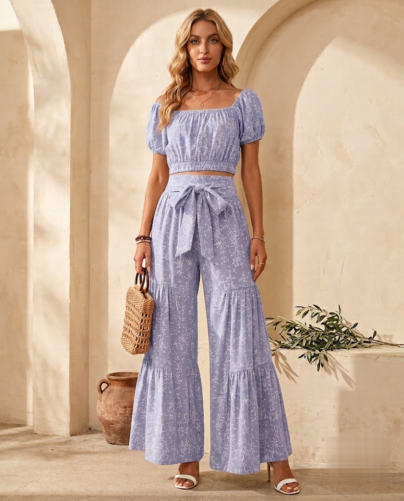 Periwinkle blue off-shoulder floral crop top and wide-leg palazzo pants set