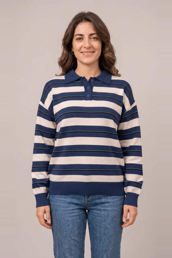 Women's navy striped polo collar sweater – pinstripe knit with button placket, on model | Topline Lebanon