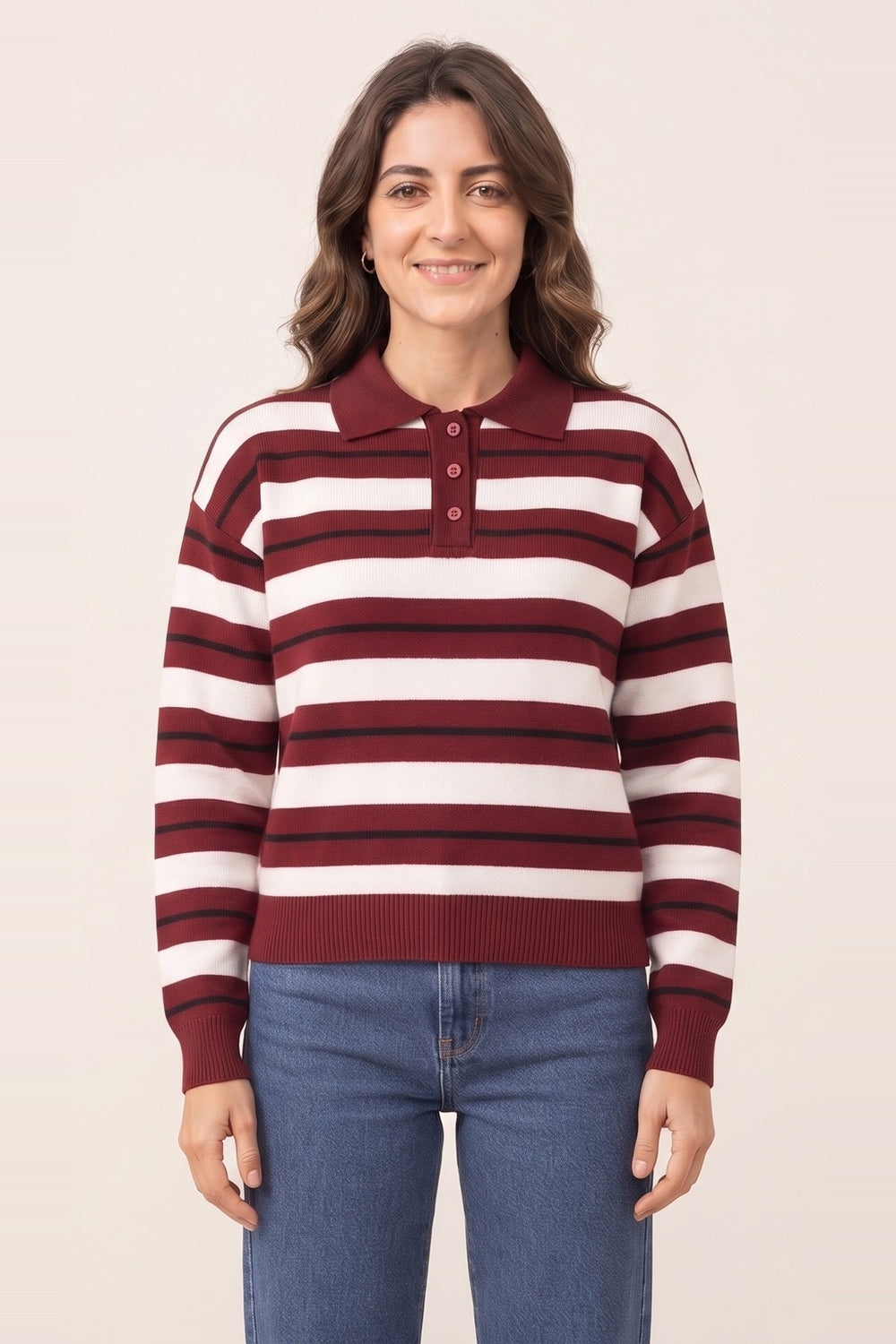 Women's burgundy striped polo collar sweater – pinstripe knit with button placket, on model | Topline Lebanon