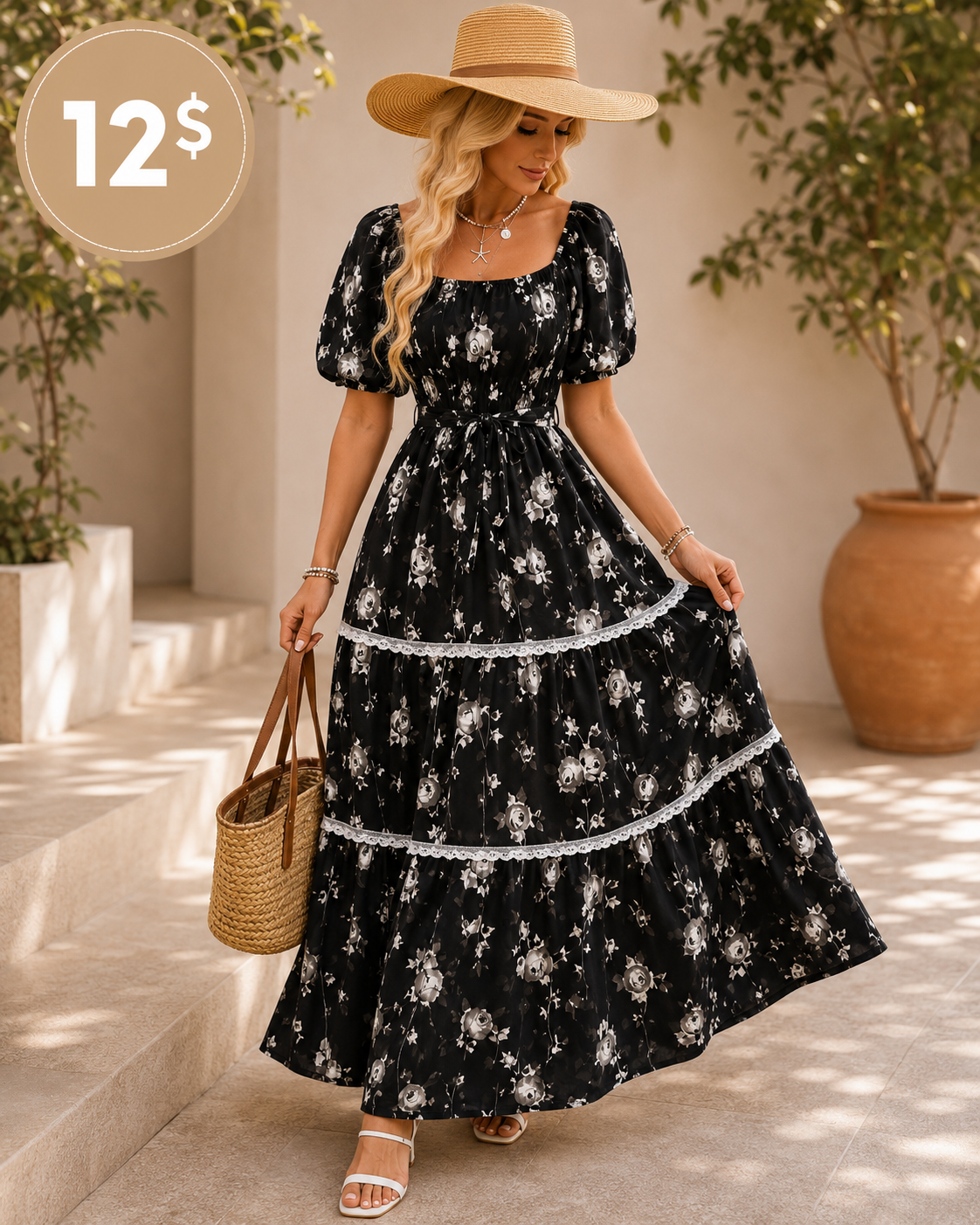 Floral square neck puff sleeve tiered maxi dress in black rose print