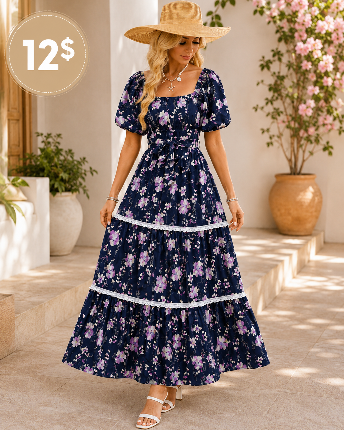 Floral square neck puff sleeve tiered maxi dress in navy with purple floral print