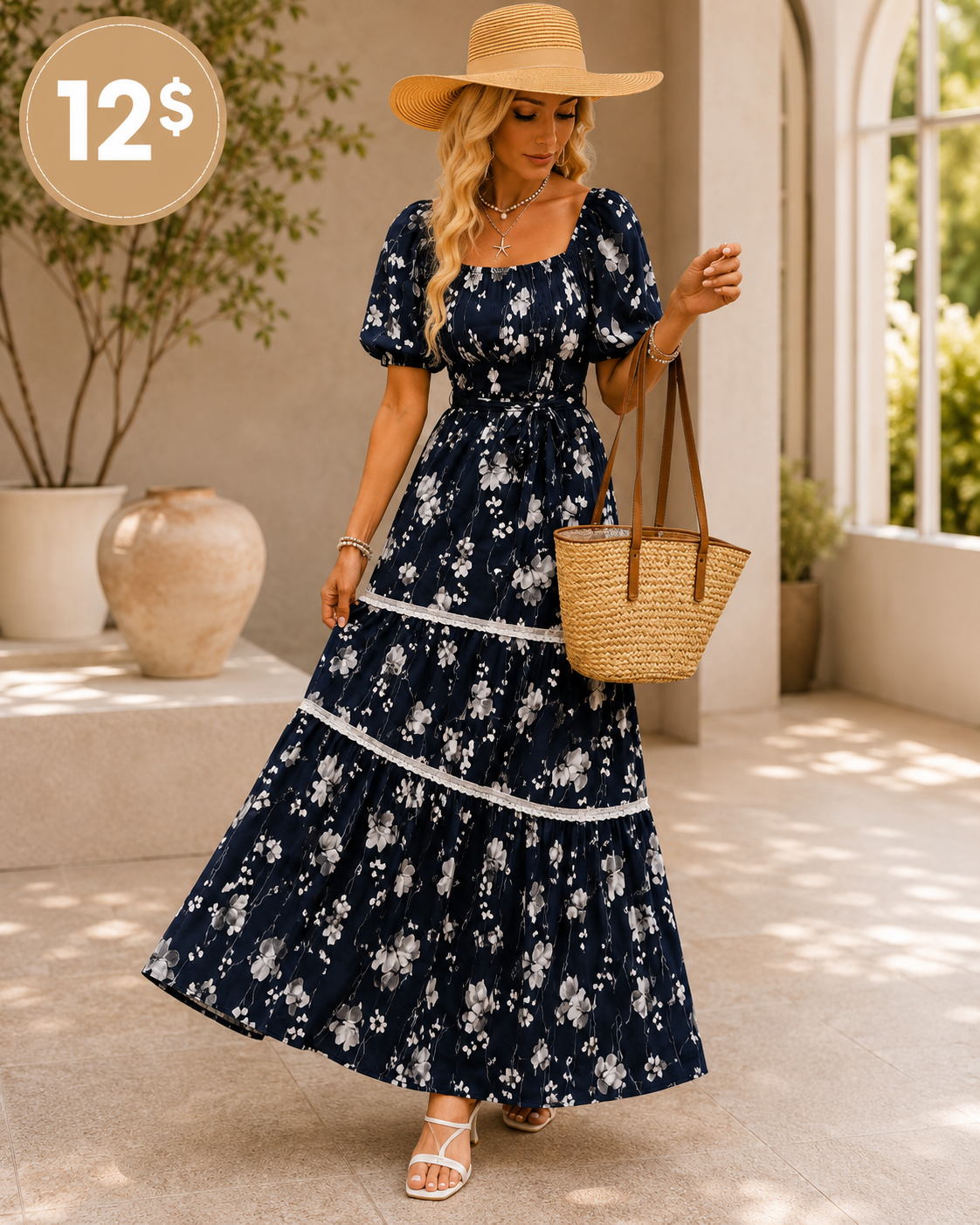 Floral square neck puff sleeve tiered maxi dress in navy with white floral print