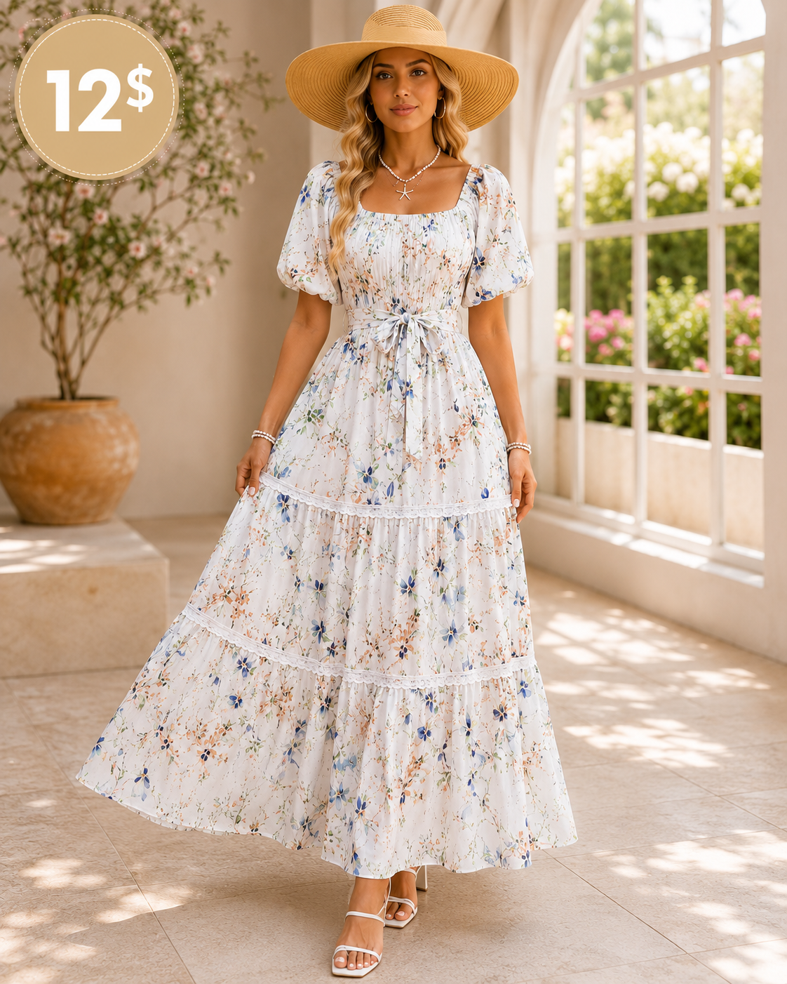 Floral square neck puff sleeve tiered maxi dress in white floral print