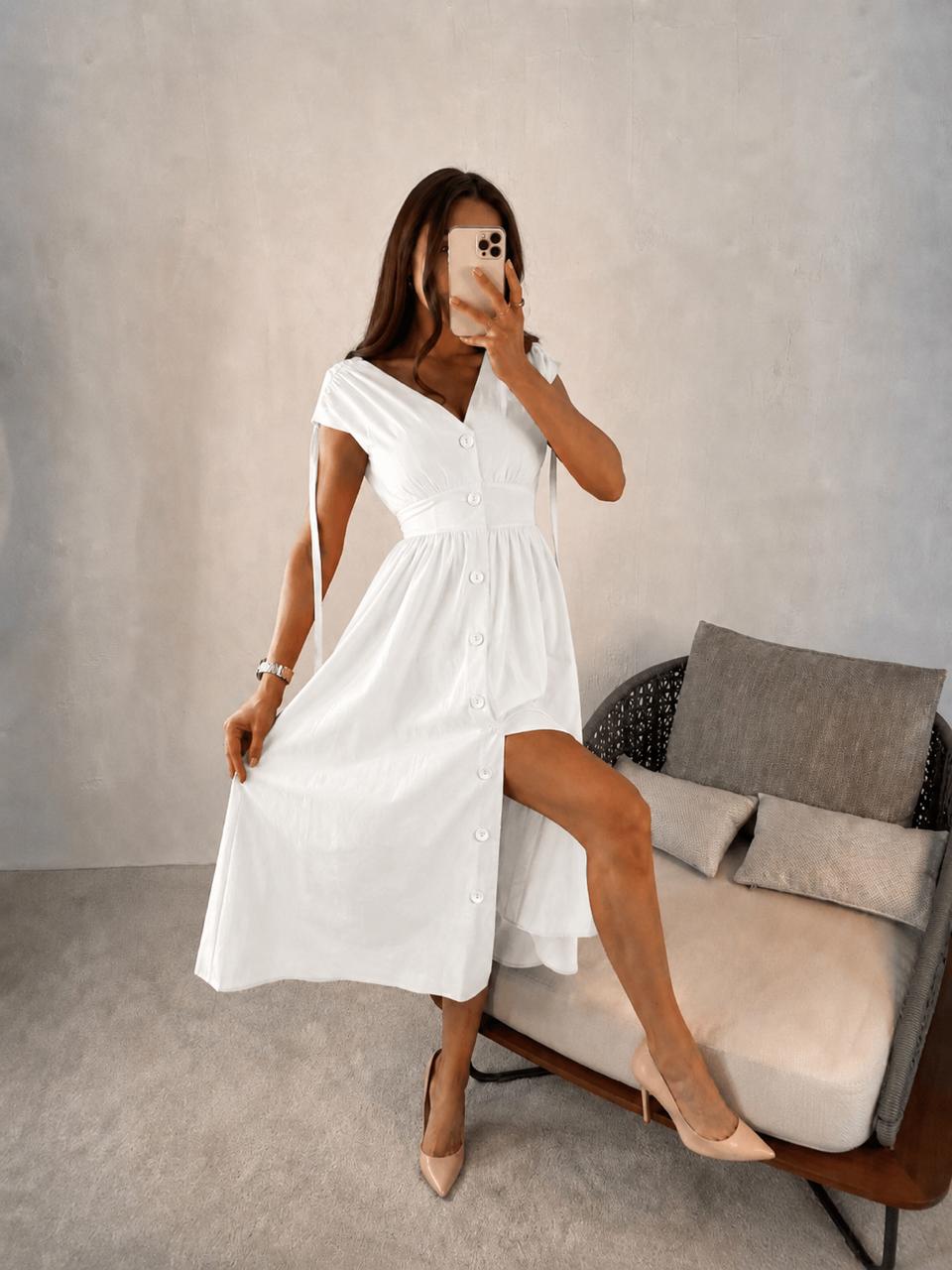 Parisienne Button-Front Midi Dress - White