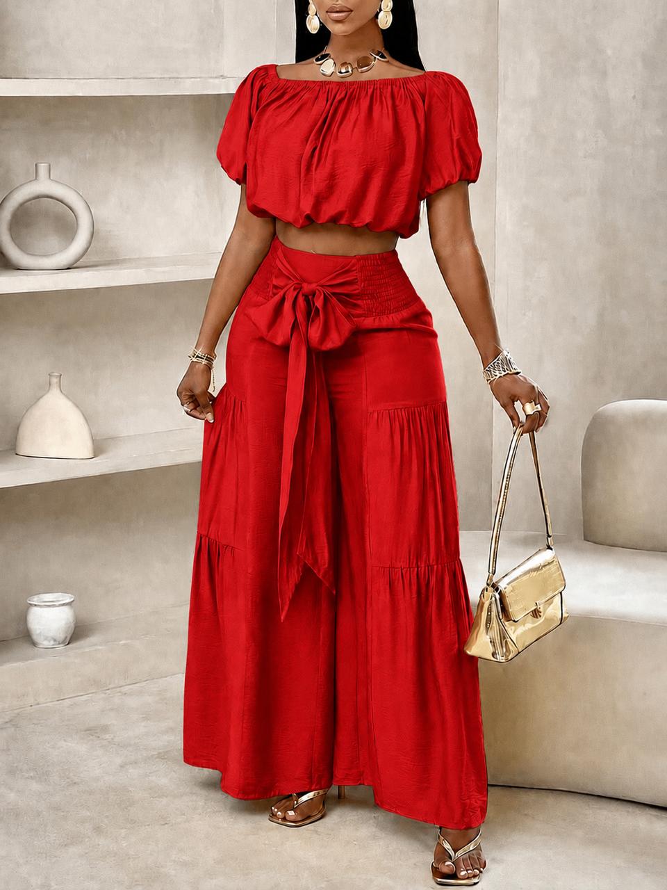 Bardot Crop Top & Tiered Wide-Leg Pants Set in Red