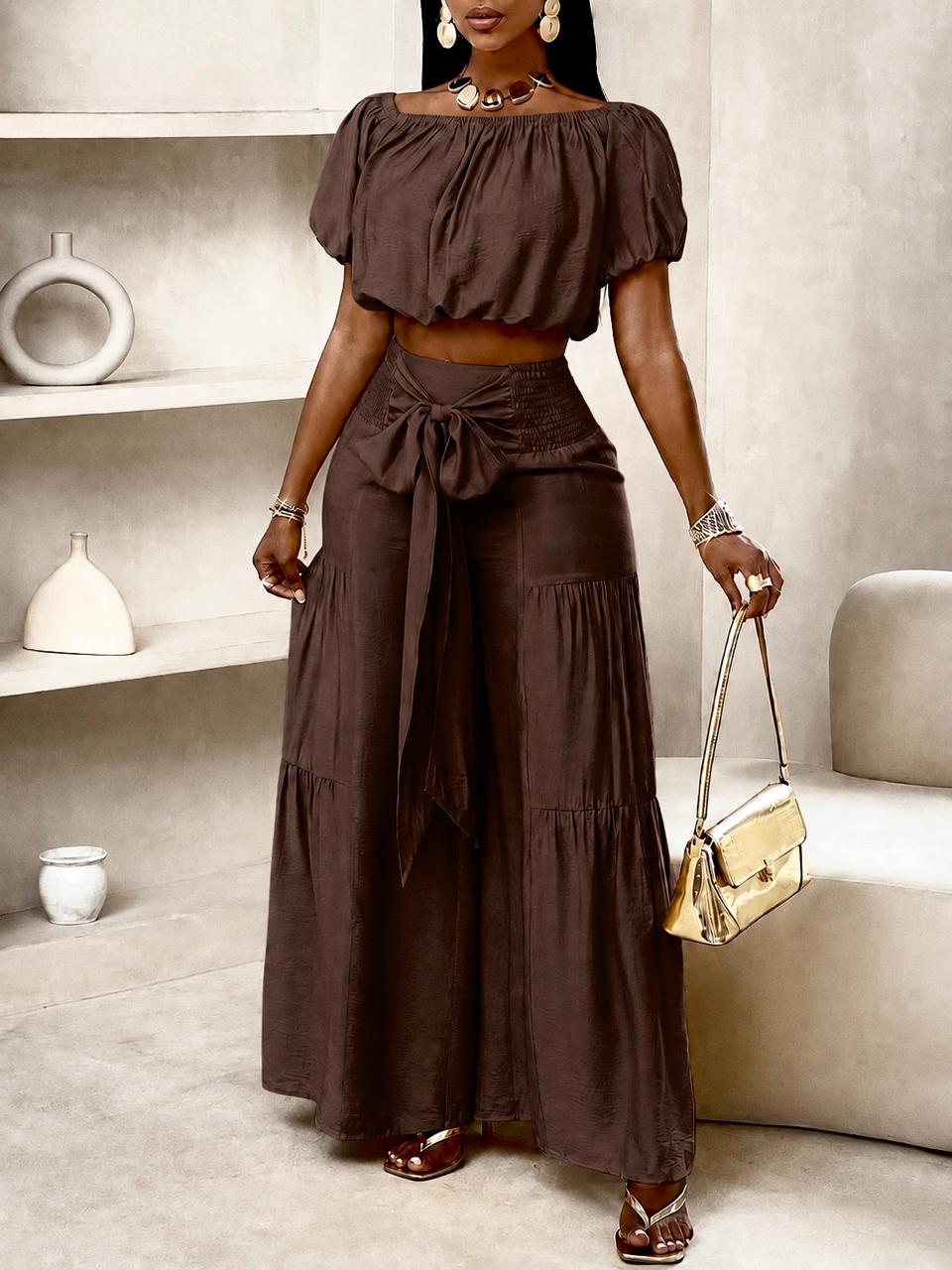 Bardot Crop Top & Tiered Wide-Leg Pants Set in Chocolate Brown