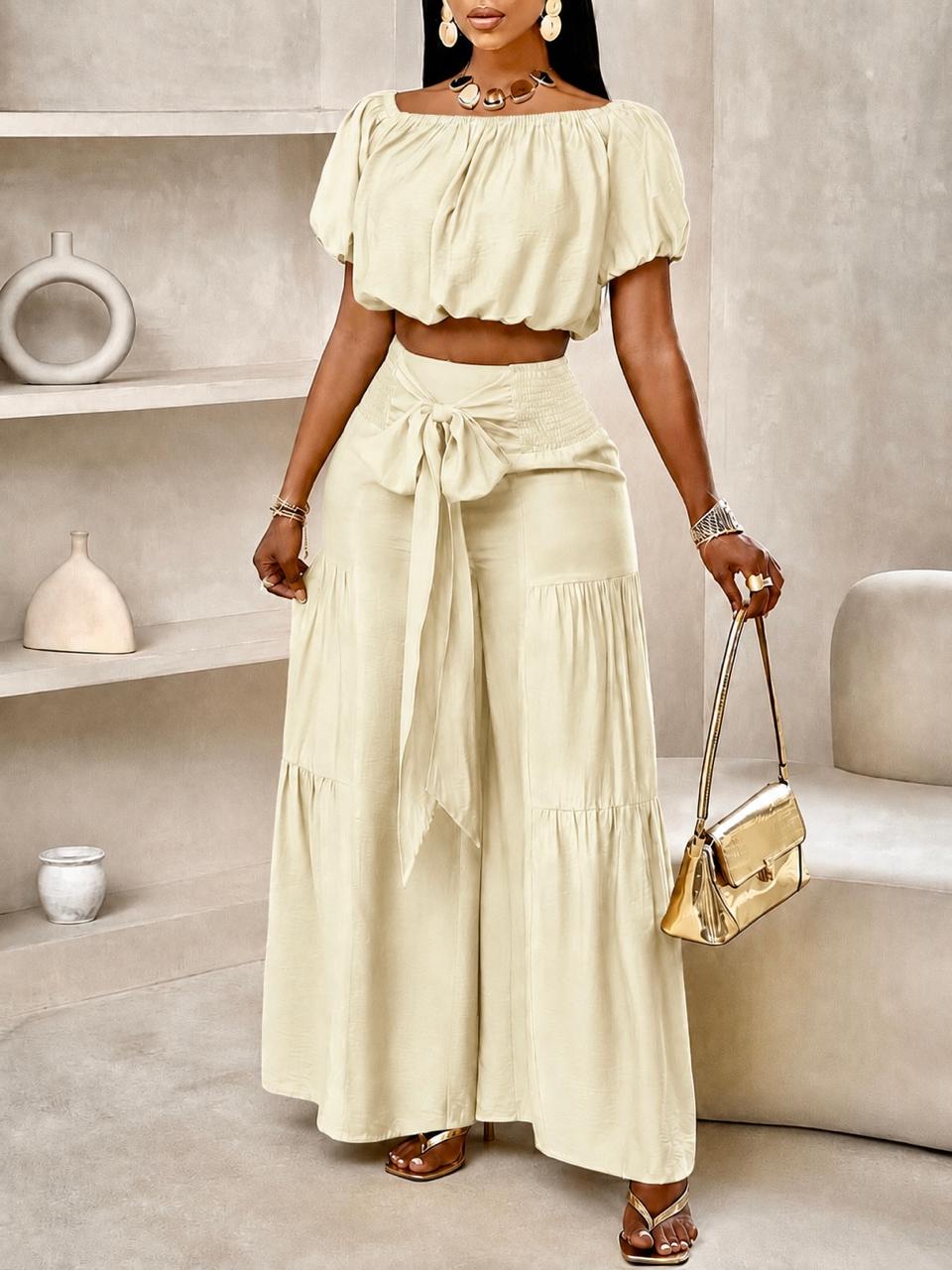 Bardot Crop Top & Tiered Wide-Leg Pants Set in Cream