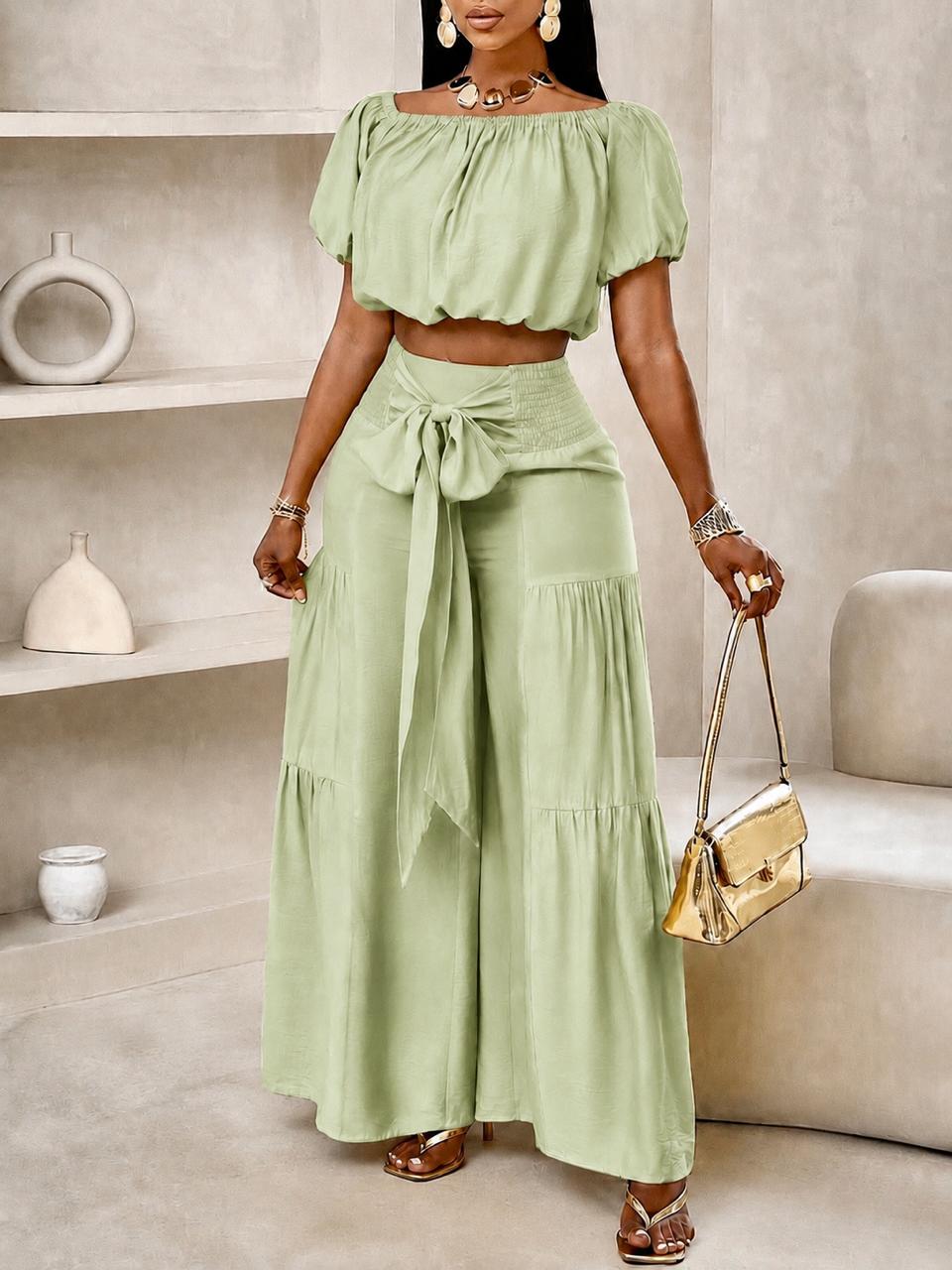Bardot Crop Top & Tiered Wide-Leg Pants Set in Sage Green