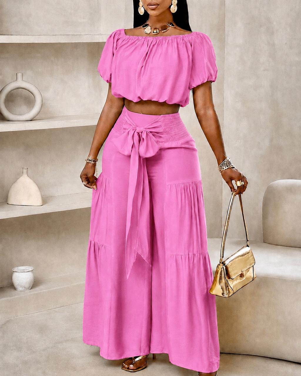 Bardot Crop Top & Tiered Wide-Leg Pants Set in Hot Pink