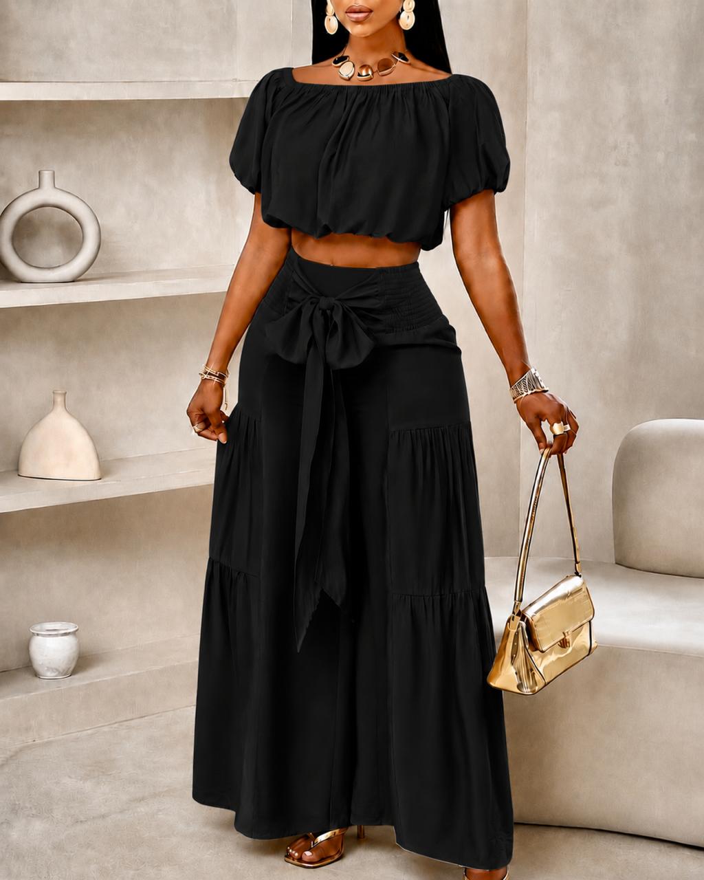Bardot Crop Top & Tiered Wide-Leg Pants Set in Black