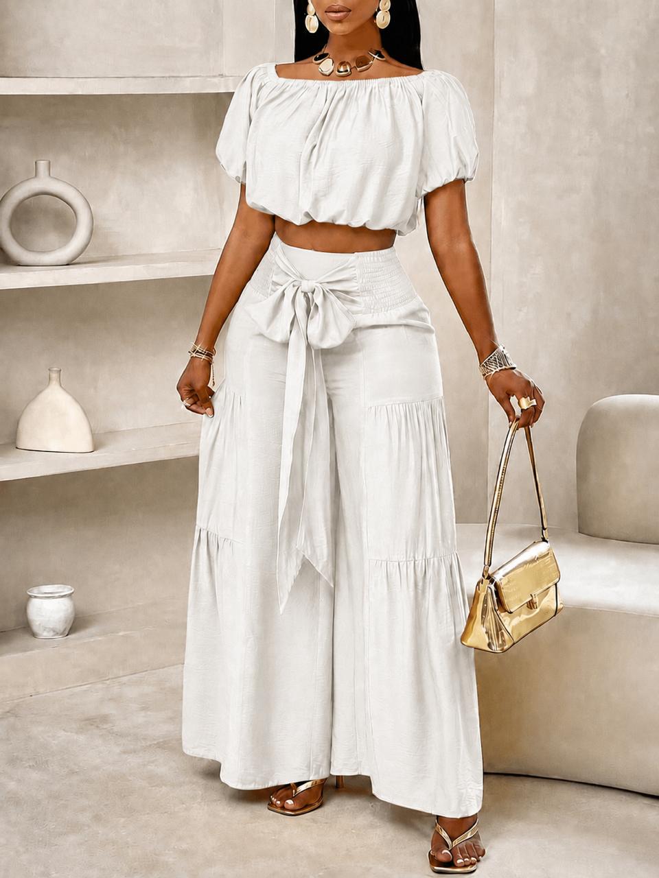 Bardot Crop Top & Tiered Wide-Leg Pants Set in White