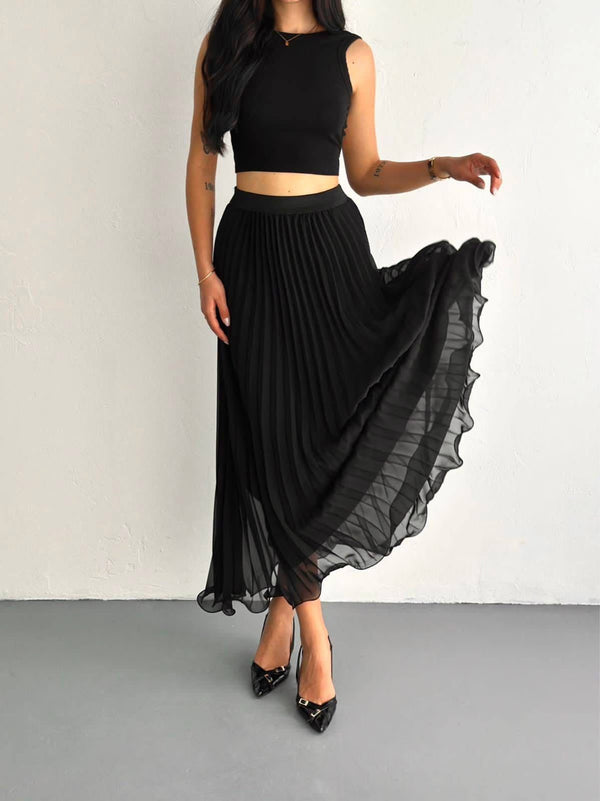 Black Pleated Chiffon Midi Skirt