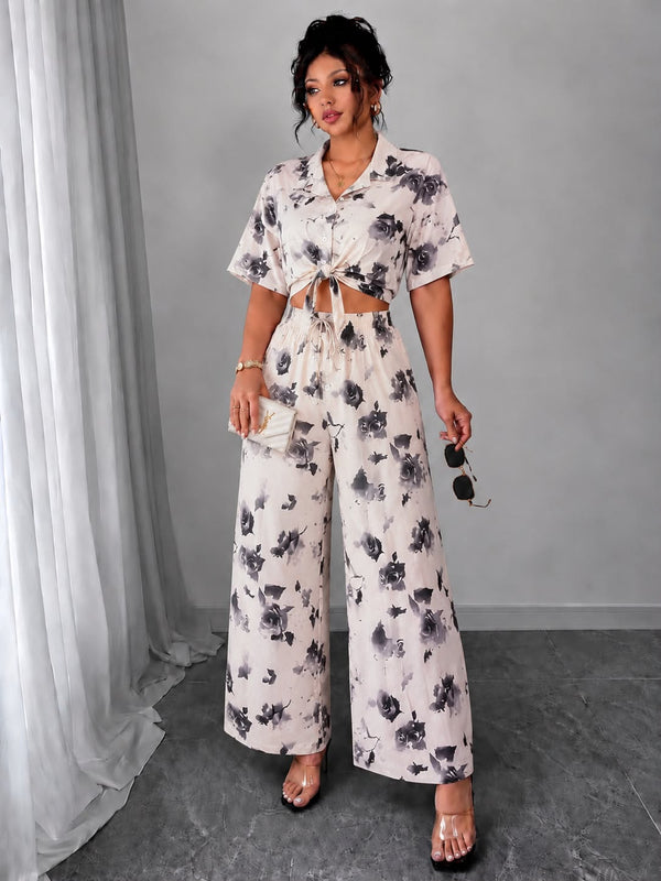 Floral co-ord set - White with grey rose print
