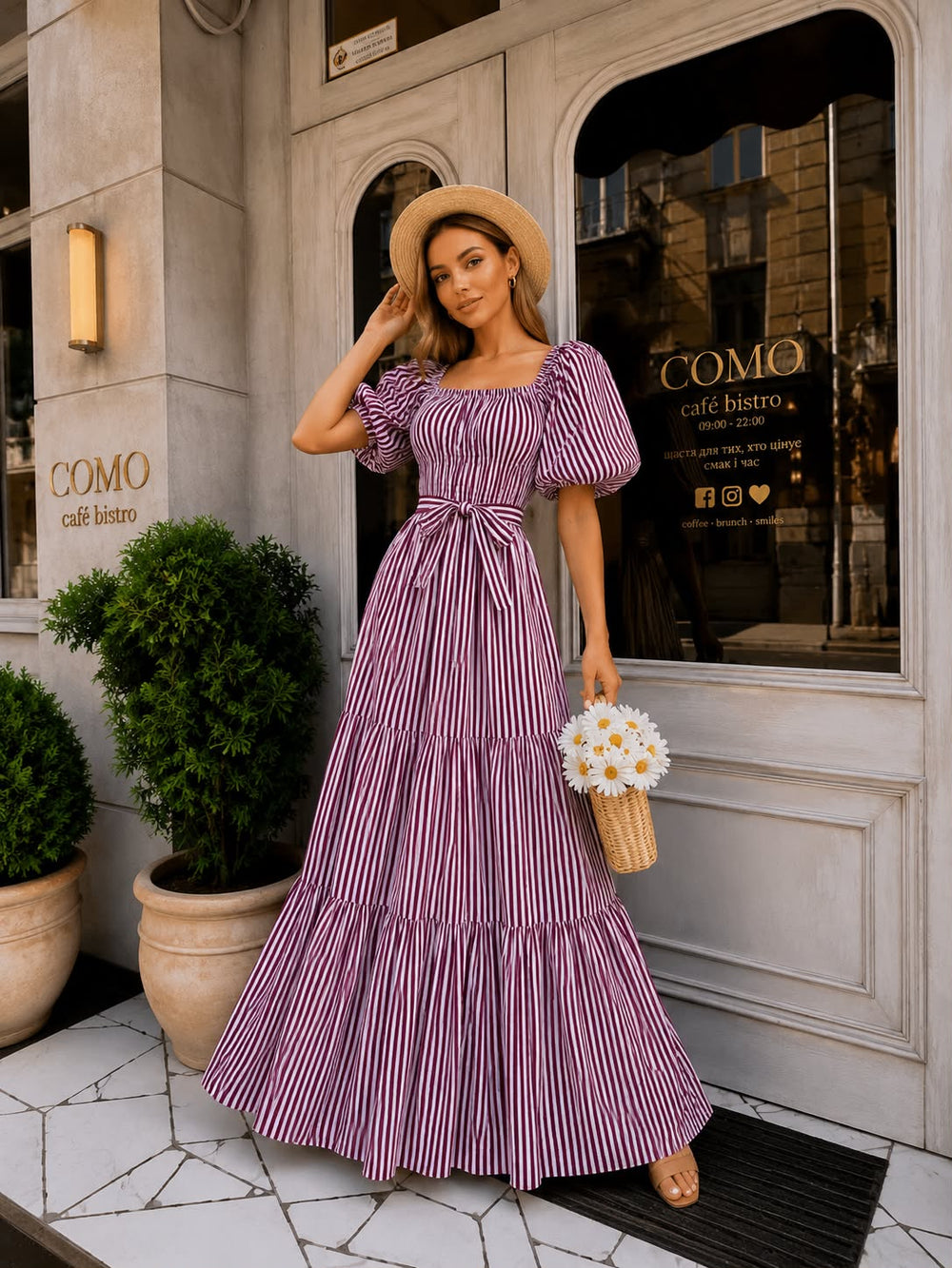 Puff-Sleeve Striped Maxi - Purple Stripe
