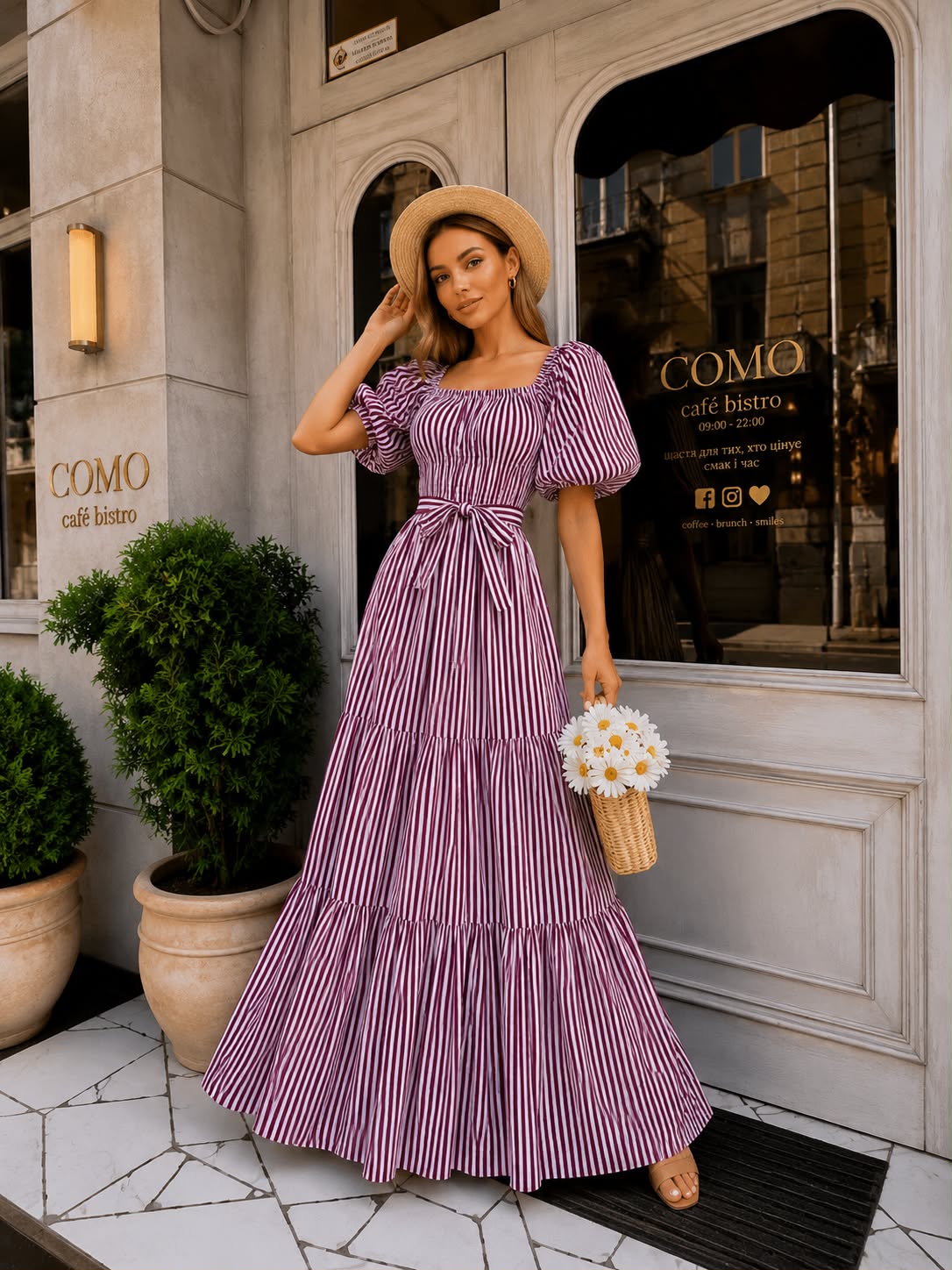 Puff-Sleeve Striped Maxi - Purple Stripe