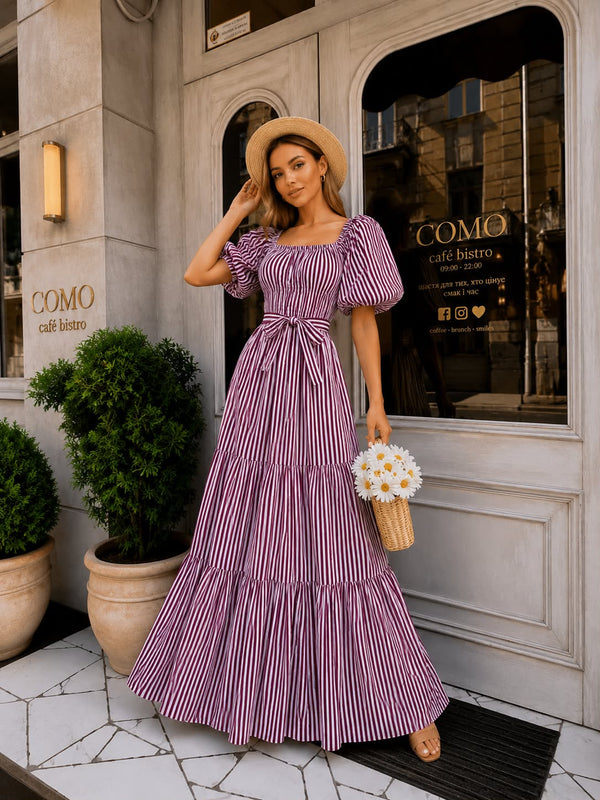 Puff-Sleeve Striped Maxi - Purple Stripe