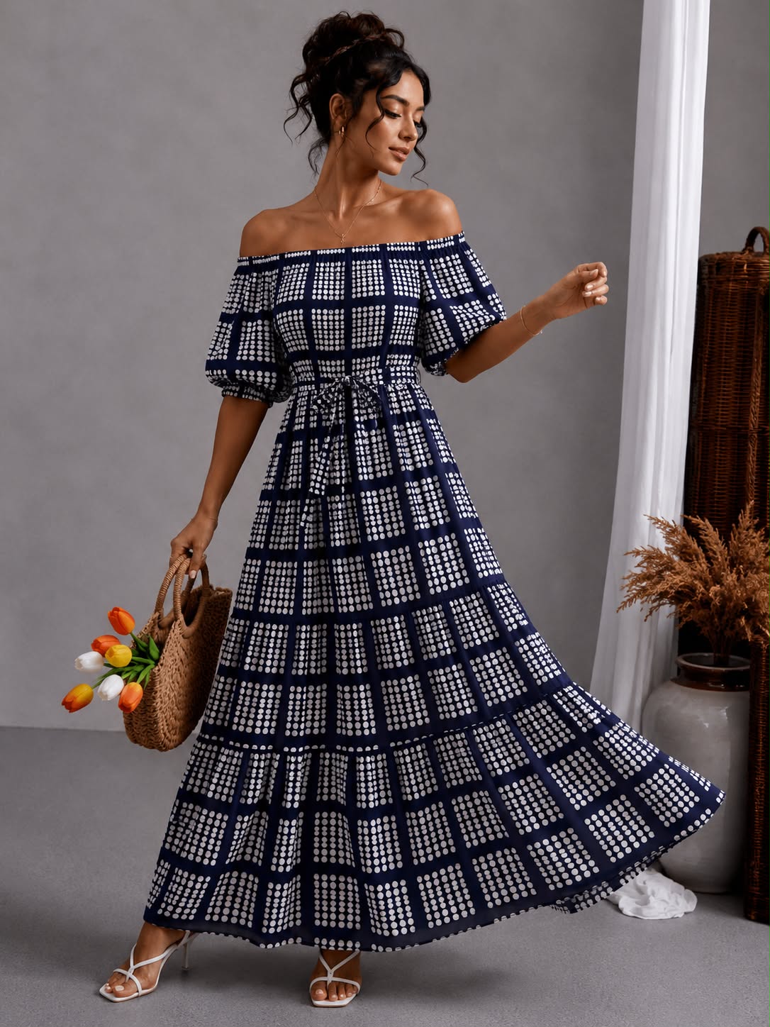 Off-Shoulder Smocked Maxi - Black Check
