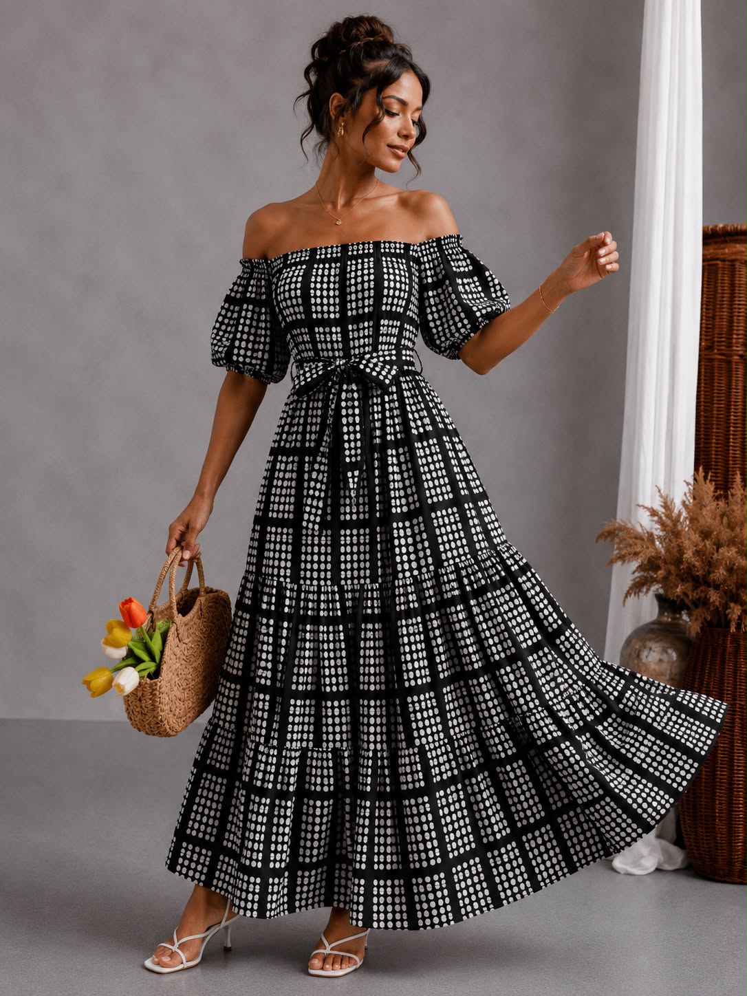 Off-Shoulder Smocked Maxi - Grey Check