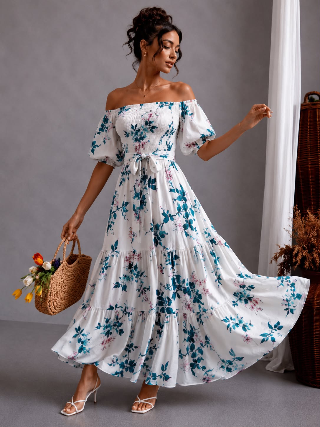 Floral Off-Shoulder Maxi - Teal Floral