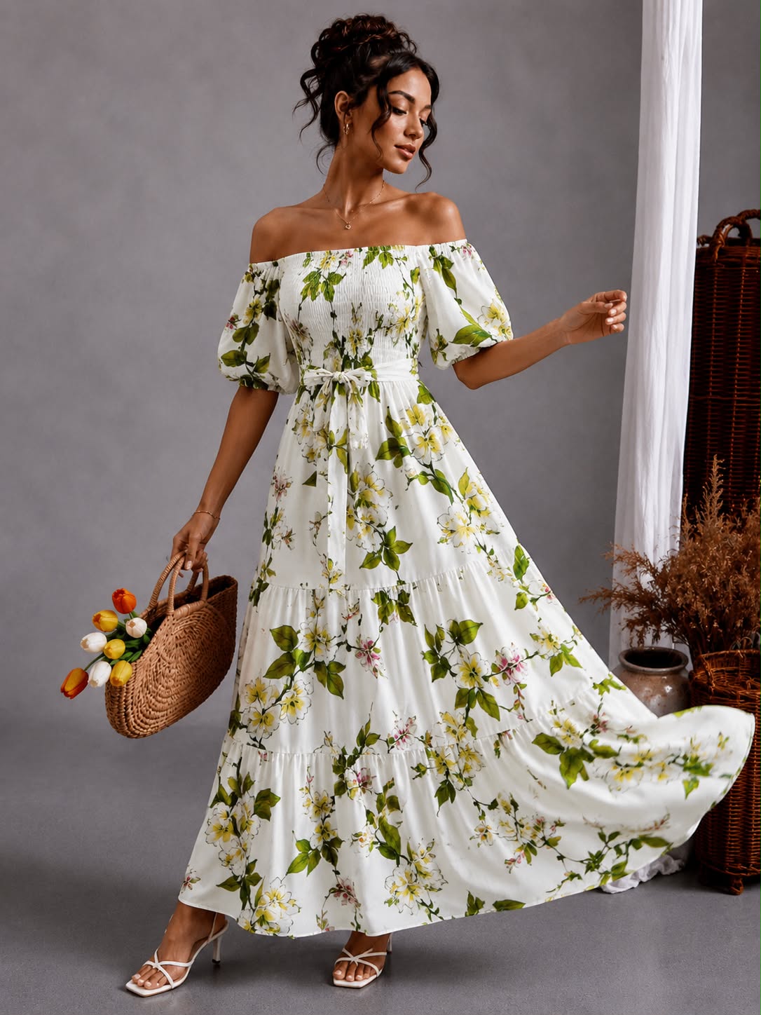 Floral Off-Shoulder Maxi - Green Floral